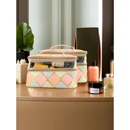 Aura Cream-Coloured & Pink 2 Pieces Check Tikli-Design Dual Layer Makeup Organisers-picture-26