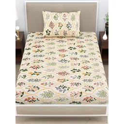 Aura Cream-Coloured Floral 144 TC Single Bedsheet with 2 Pillow Covers-picture-37