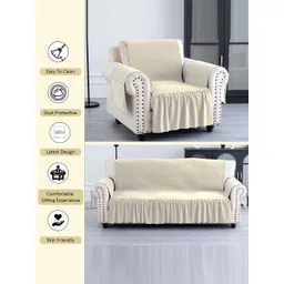 Aura Cream-Coloured Solid Velvet 1 Piece Sofa Cover image 5