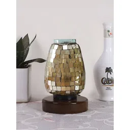 Aura Gold-Toned & Brown Textured Abstract Shaped Glass Table Lamp with Wooden Base-picture-29
