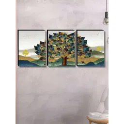 Aura Gold-Toned & Green 3 Pieces Tree Wooden Painting Wall Art-picture-18