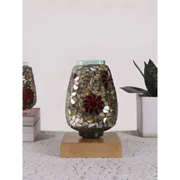 Aura Gold Toned & Red Textured Bell Shaped Glass Table Lamp with Wooden Base-picture-10