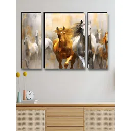 Aura Gold-Toned & White 3 Pieces Runing Horse Birds & Animals Printed Wooden Wall Art-picture-31