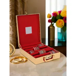 Aura Gold-Toned Printed Wooden 5 Rod Dot Mirror & Number Lock Velvet Jewellery Bangle Box-picture-32