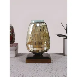Aura Gold Toned Textured Bell Shaped Glass Table Lamp with Wooden Base image 2