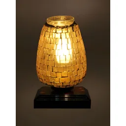 Aura Gold Toned Textured Bell Shaped Glass Table Lamp with Wooden Base image 3