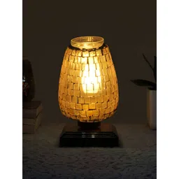Aura Gold Toned Textured Bell Shaped Glass Table Lamp with Wooden Base image 5