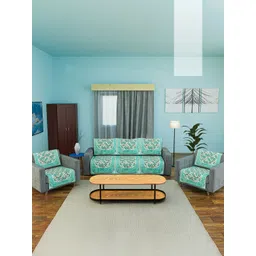 Aura Green & Beige 10 Pieces Printed Velvet 5 Seater Sofa Cover-picture-15