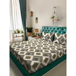 Aura Green & Beige Geometric 300 TC King Bedsheet with 2 Pillow Covers-picture-24