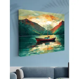 Aura Green & Orange Colored Boat on Polygon Lake Wall Printed Canvas Wall Art-picture-18