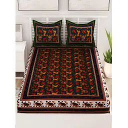 Aura Green & Orange Ethnic Motifs Cotton 120 TC Queen Bedsheet with 2 Pillow Covers-picture-18