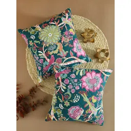 Aura Green & Purple 2 Pieces Floral Square Cotton Cushion Covers-picture-27