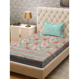 Aura Green & Red Floral 300 TC Single Bedsheet with 1 Pillow Covers 2.25 m x 1.50 m image 1