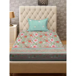Aura Green & Red Floral 300 TC Single Bedsheet with 1 Pillow Covers 2.25 m x 1.50 m image 4