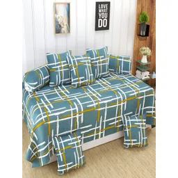 Aura Green & White 8 Pieces Geometric Printed 160 TC Diwan Set-picture-29