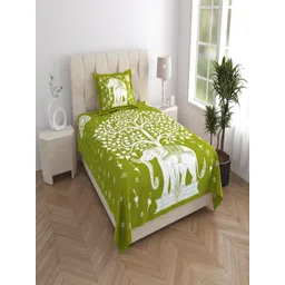 Aura Green & White Ethnic Motifs 120 TC Single Bedsheet with 1 Pillow Covers-picture-41