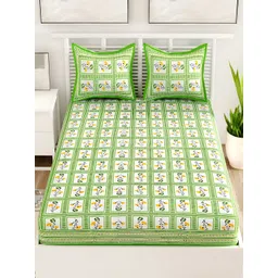 Aura Green & White Floral Cotton 120 TC Queen Bedsheet with 2 Pillow Covers-picture-28