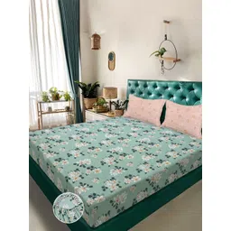 Aura Green & White Floral Printed 300 TC Fitted Double King Bedsheet Set-2.50 m X 2.25 m-picture-20