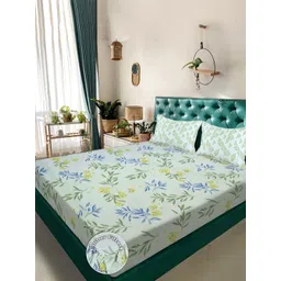 Aura Green & White Floral Printed 300 TC Fitted Double King Bedsheet Set-2.50 m X 2.25 m-picture-21