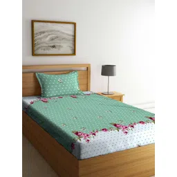 Aura Green & White Floral Printed 350 TC Single Bedsheet Set 2.15 m x 1.50 m image 1
