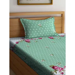 Aura Green & White Floral Printed 350 TC Single Bedsheet Set 2.15 m x 1.50 m image 3