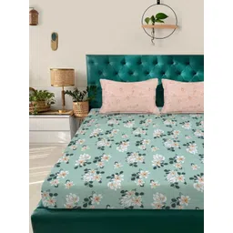Aura Green & White Floral Printed Fitted 300 TC King Bedsheet Set 2.50 m x 2.25 m-picture-23