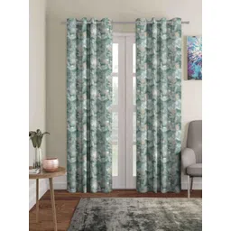Aura Green & White Floral Printed Pieces 2 Darkening Long Door Curtain-picture-25