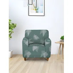 Aura Green & White Floral Printed Stretchable Sofa Cover With Arms-picture-30