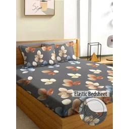 Aura Grey & Brown Floral 180 TC Fitted Queen Bedsheet With 2 Pillow Covers-picture-41