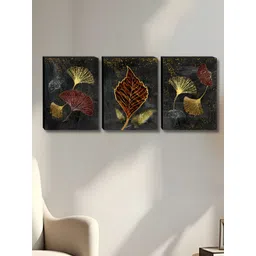 Aura Grey & Gold-Toned 3 Pieces Leaf Printed Wooden Wall Paintings-picture-42