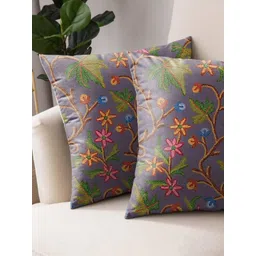 Aura Grey & Green 2 Pieces Floral Square Cushion Covers-picture-22