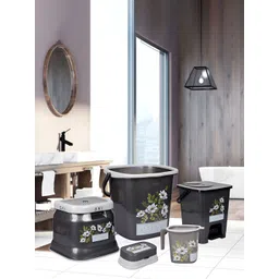 Aura Grey & Green 5 piece Floral Plastic Bath Accessories Set-picture-12