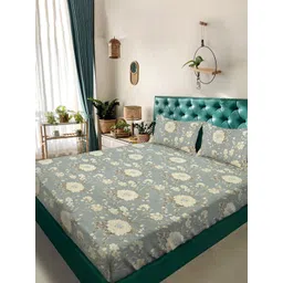 Aura Grey & Green Floral 350 TC King Bedsheet with 2 Pillow Covers-picture-14