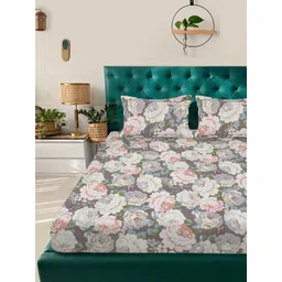 Aura Grey & Pink Floral Printed Fitted 300 TC King Bedsheet Set 2.50 m x 2.25 m-picture-24
