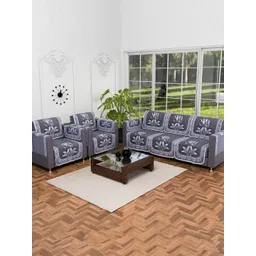 Aura Grey & White 16 Pieces Floral Leaf Printed 5 Seater Cotton Sofa Covers-picture-17