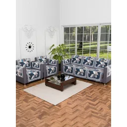 Aura Grey & White 16 Pieces Geometric Printed 5 Seater Velvet Sofa Covers With Arm Covers-picture-11