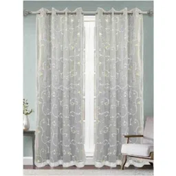 Aura Grey & White 2 Pieces Floral Embroidered Velvet Long Door Curtains-picture-36