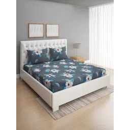 Aura Grey & White Floral 144 TC Queen Bedsheet with 2 Pillow Covers-picture-19