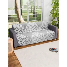 Aura Grey & White Floral Self Design 2 Pieces 3 Seater Cotton Sofa Cover-picture-27