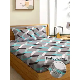 Aura Grey & White Geometric 180 TC Fitted Queen Bedsheet With 2 Pillow Covers-picture-29