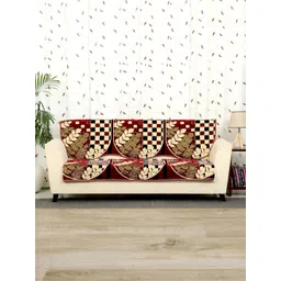 Aura Maroon & Beige 6 Pieces Floral Printed 5 Seater Sofa Covers image 2