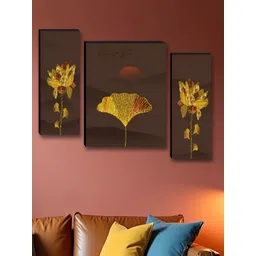 Aura Maroon & Gold-Toned 3 Pieces Floral & Botanical Printed Wooden Wall Art-picture-39