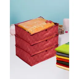 Aura Maroon & Gold Toned 3 Pieces Regular Bow -Printed Saree Storage Bags-picture-34