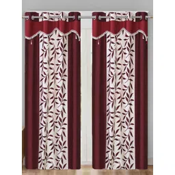 Aura Maroon & White 2 Pieces Floral Printed Room Darkening Eyelet Door Curtains-picture-28