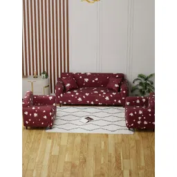 Aura Maroon & White Printed Polyester 3 Piece Sofa Cover With Arms-picture-21