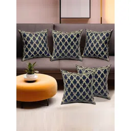 Aura Navy Blue & Beige Set of 5 Ethnic Motifs Square Cushion Covers-picture-14