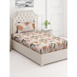 Aura Orange & Cream-Coloured Floral Printed 350 TC Single Bedsheet Set 2.15 m x 1.50 m-picture-30