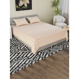Aura Orange & White Floral 160 TC King Bedsheet with 2 Pillow Covers-picture-27