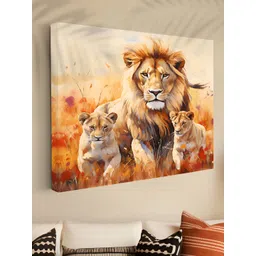 Aura Orange Colored & Brown Lion Family Printed Canvas Wall Art-picture-20