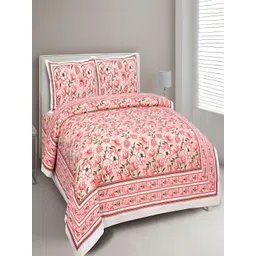 Aura Peach & Brown Floral 180 TC Cotton King Bedsheet With 2 Pillow Covers-picture-31